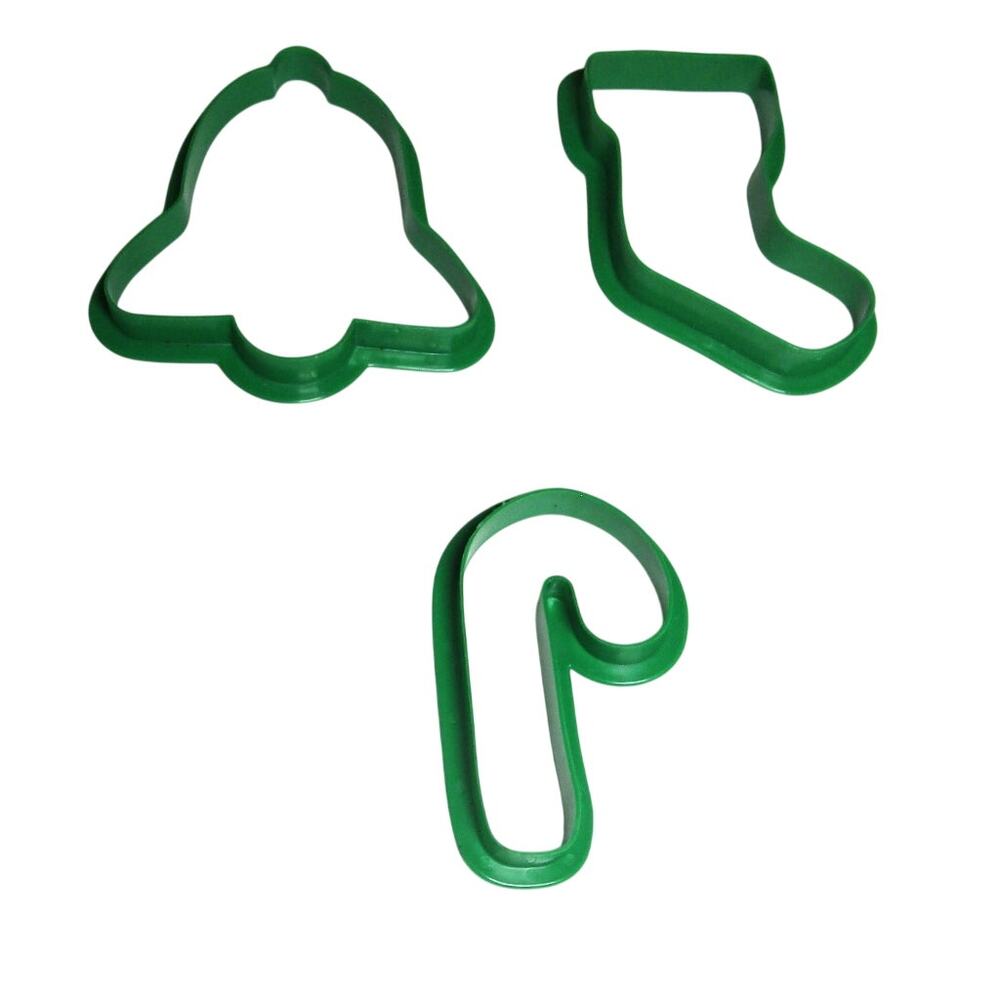 Wilton Christmas Cookie Cutters Green Plastic Set of 3 Bell Stocking Candy Cane